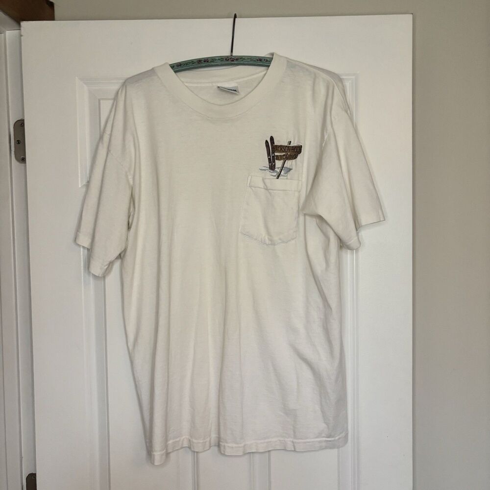 Vintage 80s Single Stitch Tee Jackson Hole Wyoming Embroidered T-Shirt Size L